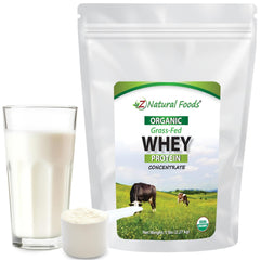 Z Natural Foods Organic Grass-Fed Whey Powder being poured for a post-workout shake