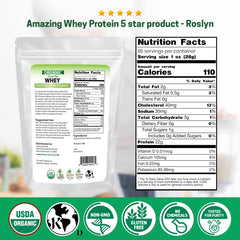 Z Natural Foods Organic Grass-Fed Whey Powder scoop shows 28g protein per serving for muscle support