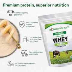 Z Natural Foods Organic Grass-Fed Whey close-up reveals premium undenatured protein.