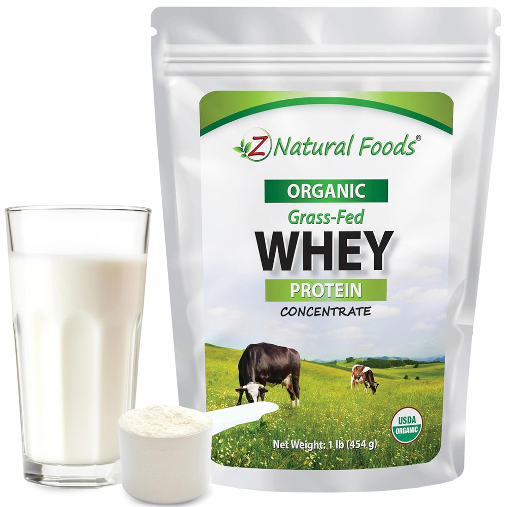 Z Natural Foods Organic Grass-Fed Whey packaging highlights purity and convenience.