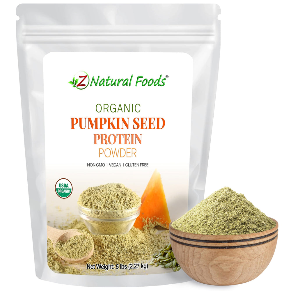 Z Natural Foods pumpkin seed protein powder bottle pouring into a shaker for a protein boost