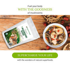 Sacred 7 mushroom powder ready to stir into smoothies by Z Natural Foods