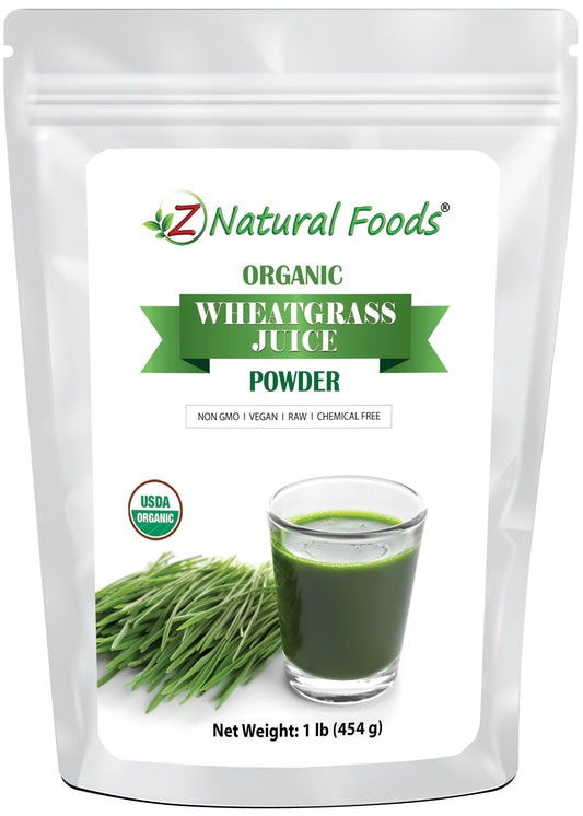 Z Natural Foods wheat grass juice powder bottle, ideal for daily smoothies and yogurt blends.