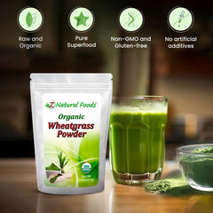Z Natural Foods wheatgrass powder label closeup showing organic and non-GMO
