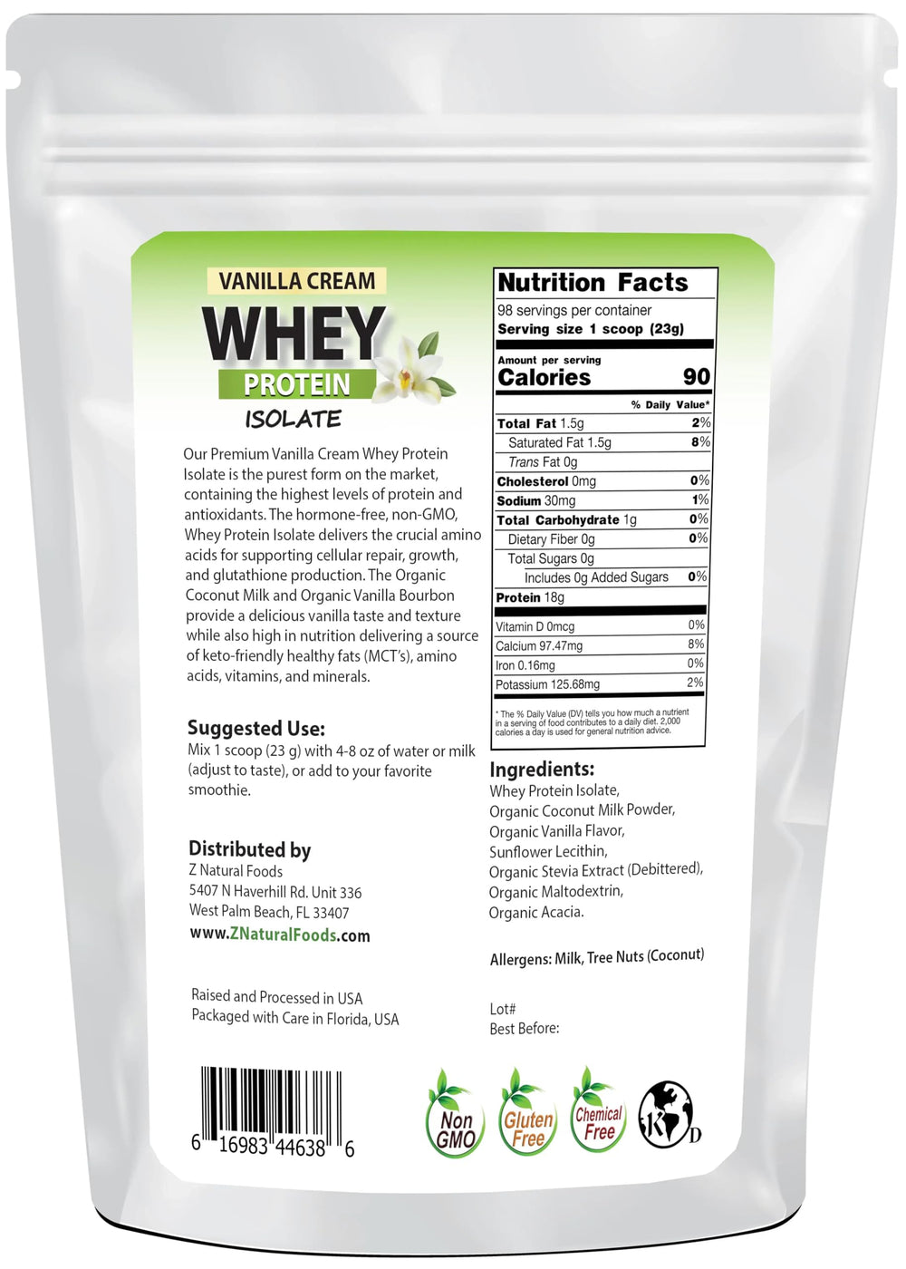 Z Natural Foods vanilla whey powder for easy mixing in beverages.