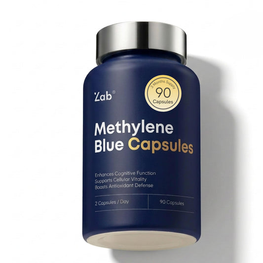 ZAB Methylene Blue capsules bottle for daily cognitive support with vitamins C and B complex.