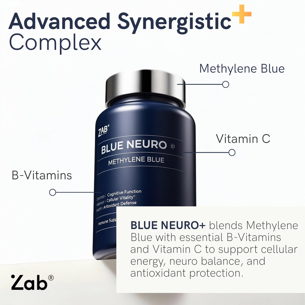 ZAB Methylene Blue capsules label featuring USP-grade quality and supplement details.