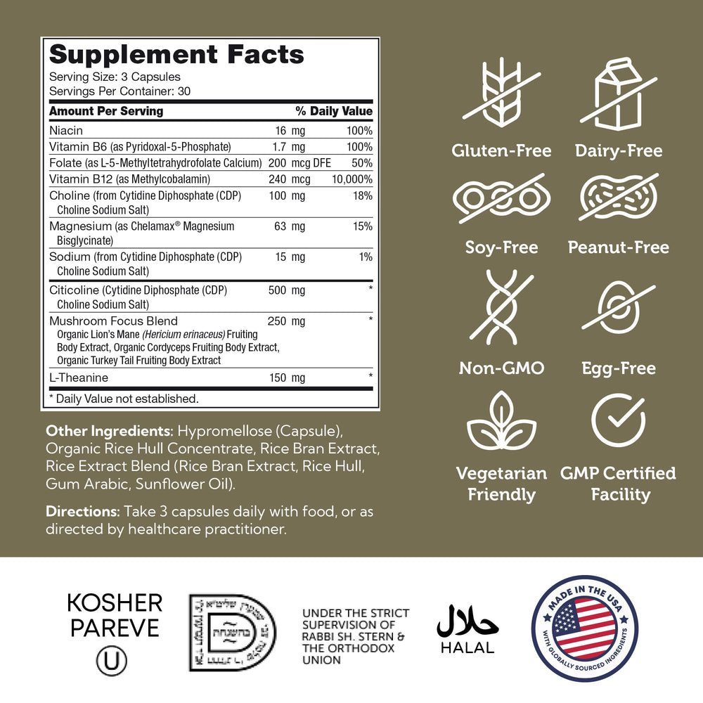 Zahler AdultFocus bottle features vitamins and Cognizin for cognitive support