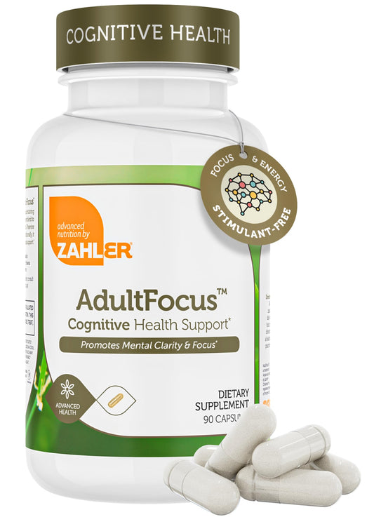 Zahler AdultFocus bottle label close-up highlighting kosher packaging for focus support