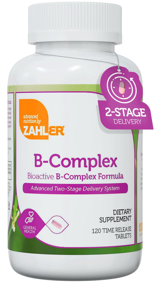 Zahler B-Complex bottle label promotes daily energy and nervous system support.