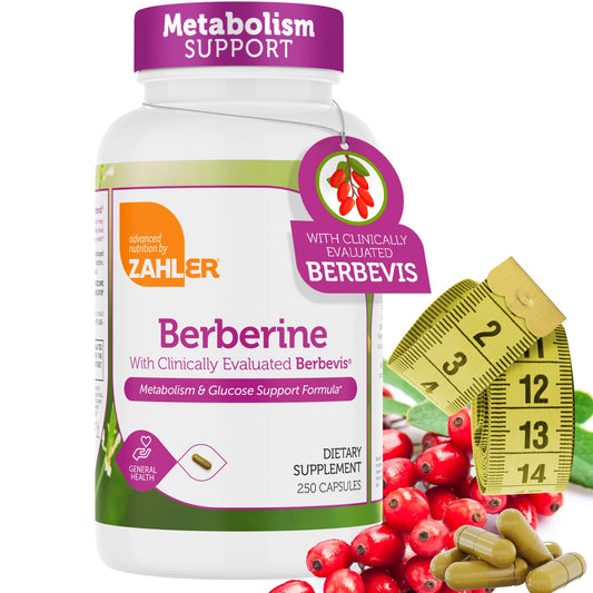 Zahler Berberine Berbevis bottle highlights absorption-enhanced formula for glucose support.