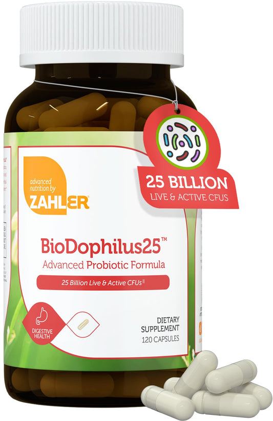 Zahler BioDophilus25 bottle closeup highlighting 25B CFU potency for daily digestive support