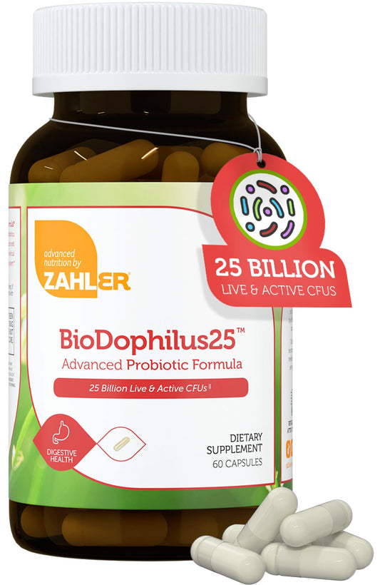Zahler BioDophilus25 bottle label highlighting 25 billion CFU and 11 probiotic strains for daily balance