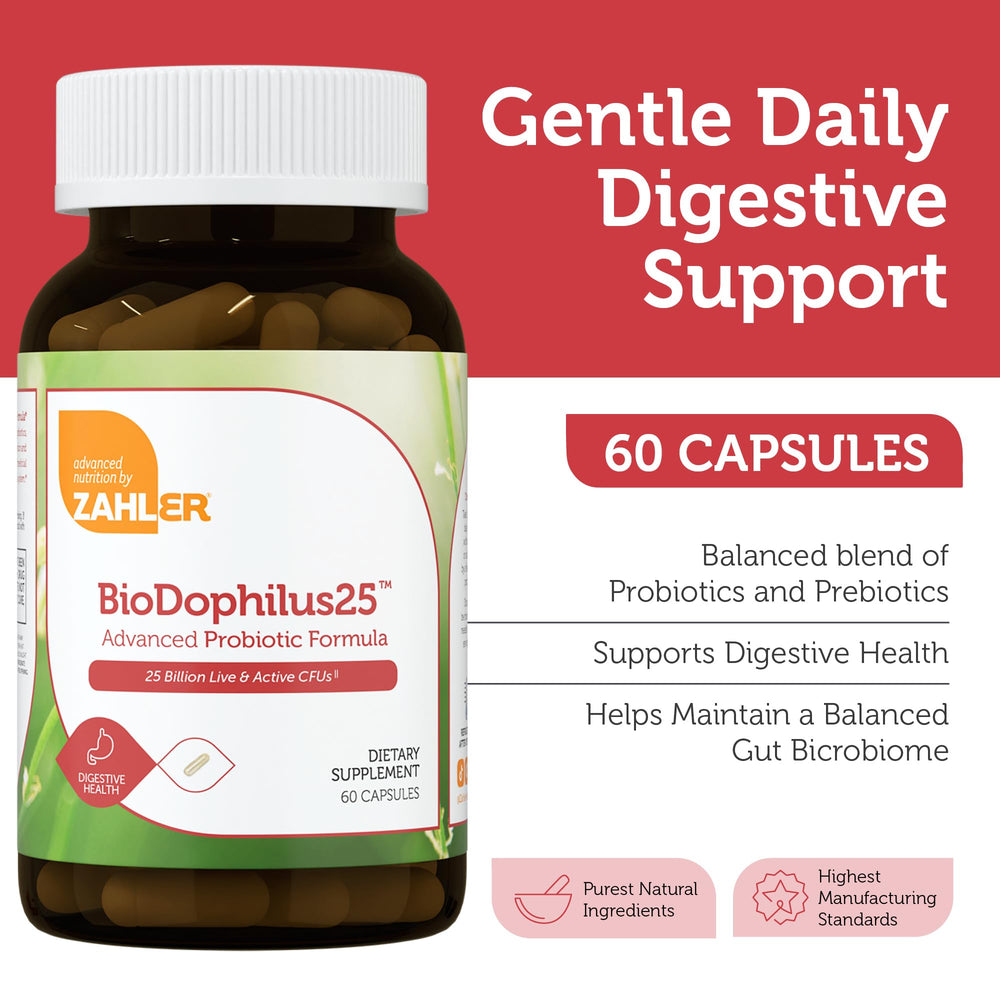 Zahler BioDophilus25 capsules close-up showing uniform capsules for easy dosing