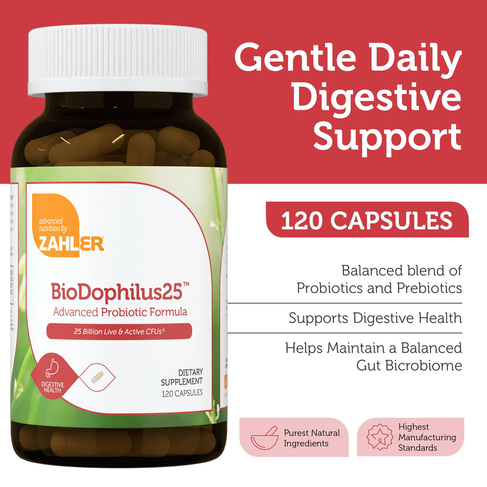 Zahler BioDophilus25 capsules laid out for easy daily dosing and gut health