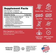 Zahler BioDophilus25 label confirms kosher, non-GMO, and gluten-free certifications
