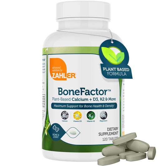 Zahler BoneFactor bottle label closeup showing calcium and vitamin blend for bone support.