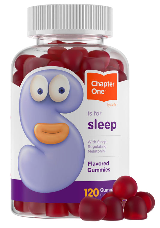 Zahler Chapter One Sleep Gummies bottle label promotes easy nightly use for calmer bedtimes
