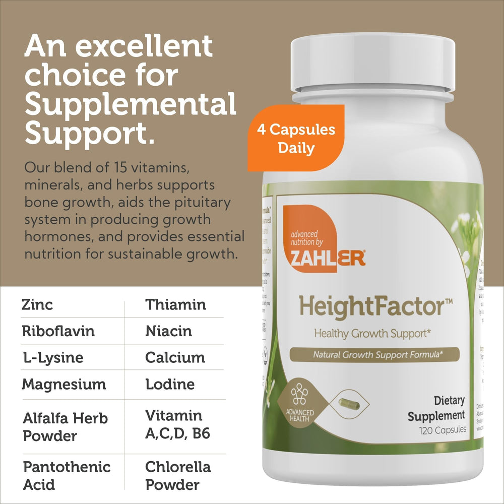 Zahler Height Factor nutrition label and ingredients list.