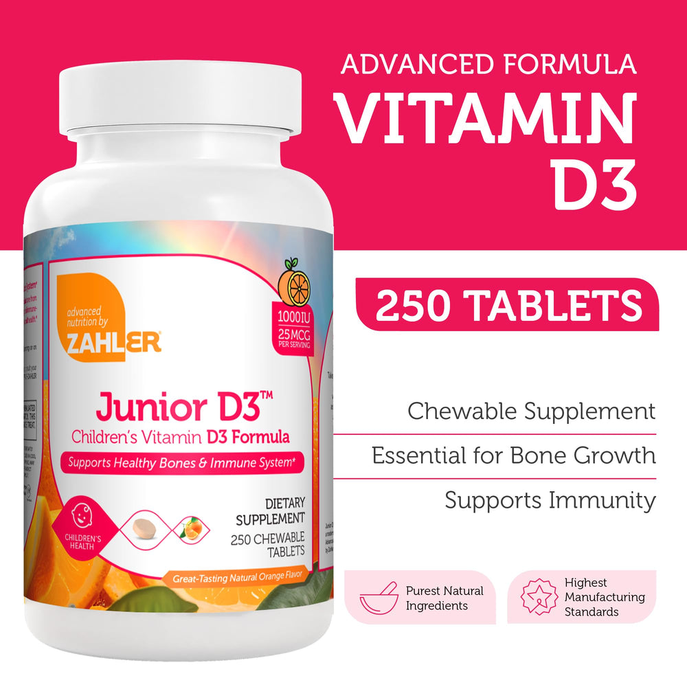 Zahler Junior D3 chewables close-up showing soft texture and kid-friendly taste