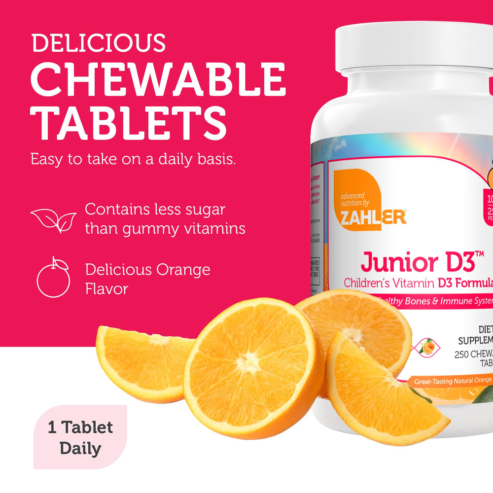 Zahler Junior D3 orange-flavor chewables package, supports everyday immune health