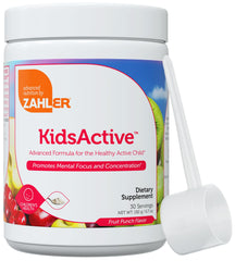 Zahler KidsActive fruit punch powder in a tub supports daily focus.