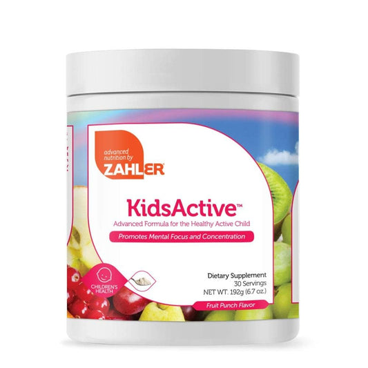 Zahler KidsActive fruit punch powder in bottle indicating convenient focus support for kids