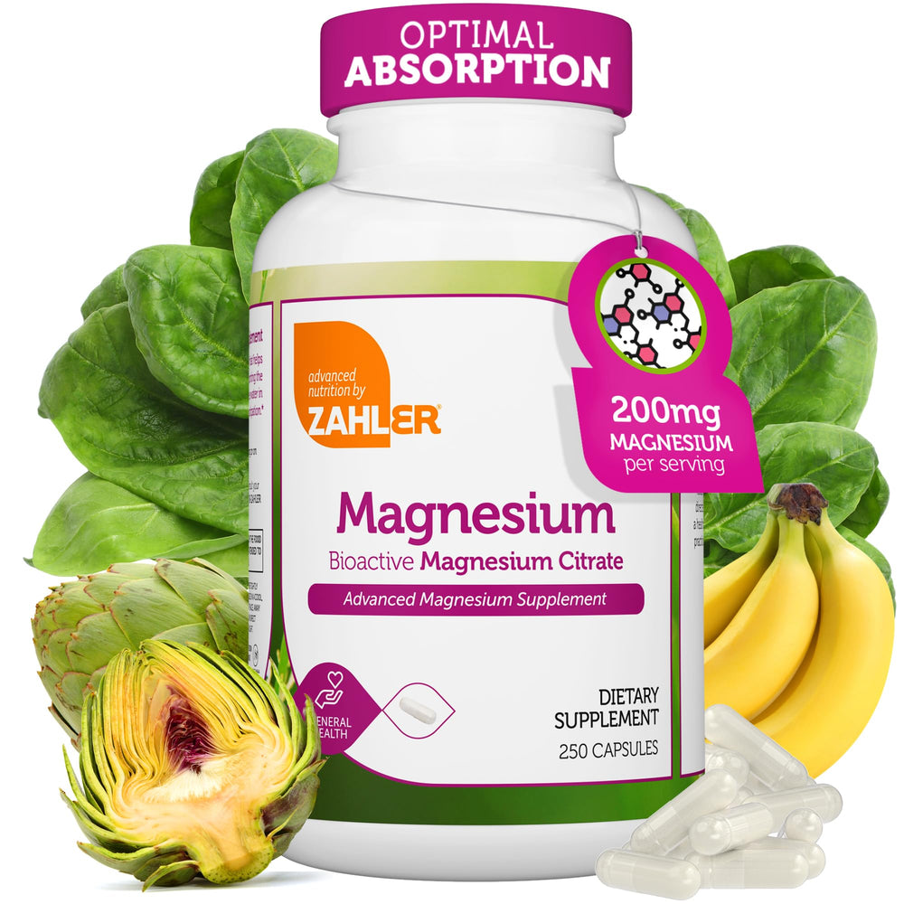 Zahler Magnesium Citrate capsules bottle shows kosher, gluten-free daily support.