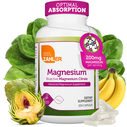 Zahler Magnesium Citrate capsules bottle shows kosher, gluten-free daily support.