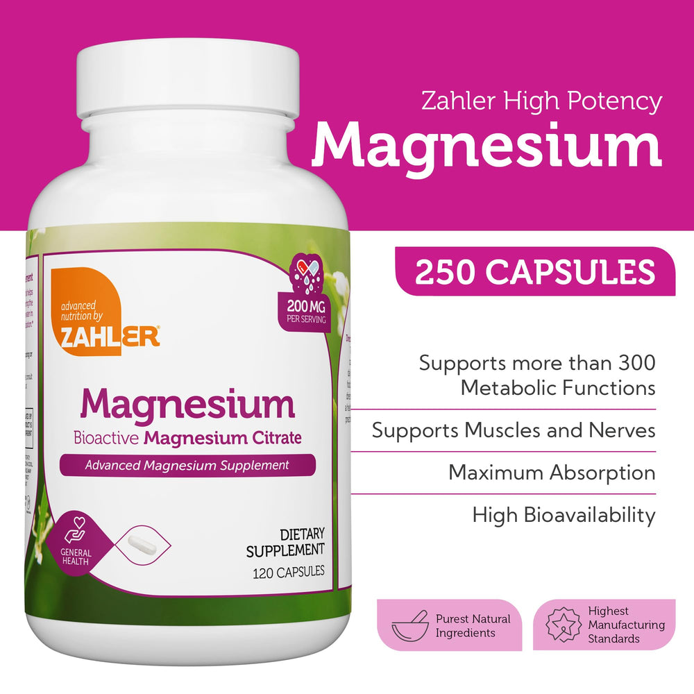 Zahler Magnesium Citrate capsules poured from bottle with spoon for easy dosing.