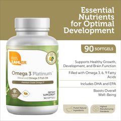 Zahler Omega 3 bottle back shows nutrition facts and ingredients.