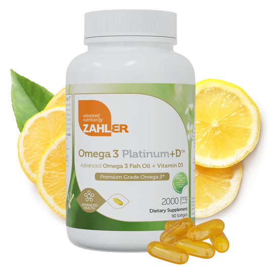 Zahler Omega 3 Platinum bottle front highlights high EPA/DHA for daily heart support