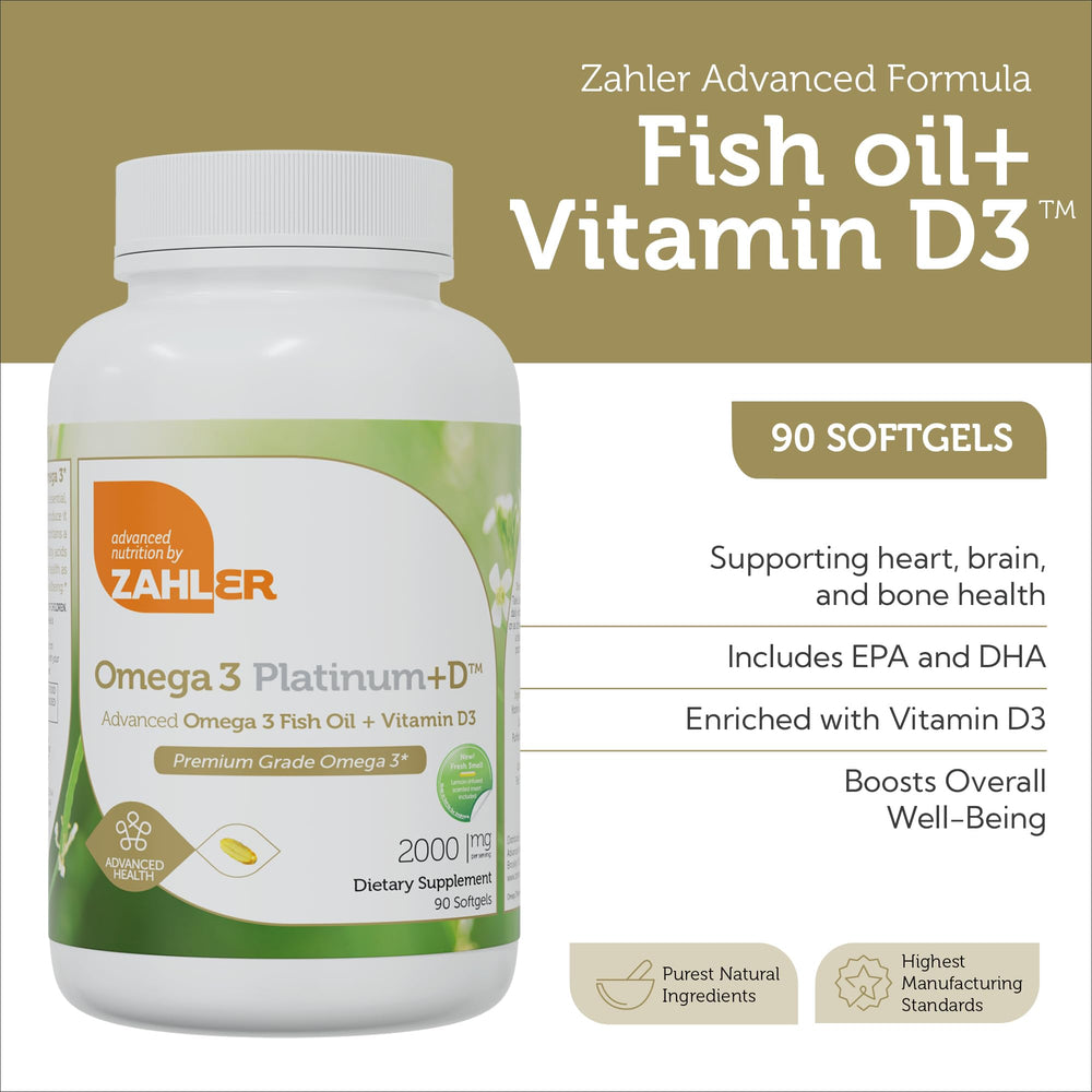 Kosher-certified Zahler Omega 3 Platinum label emphasizes purity and dietary compliance