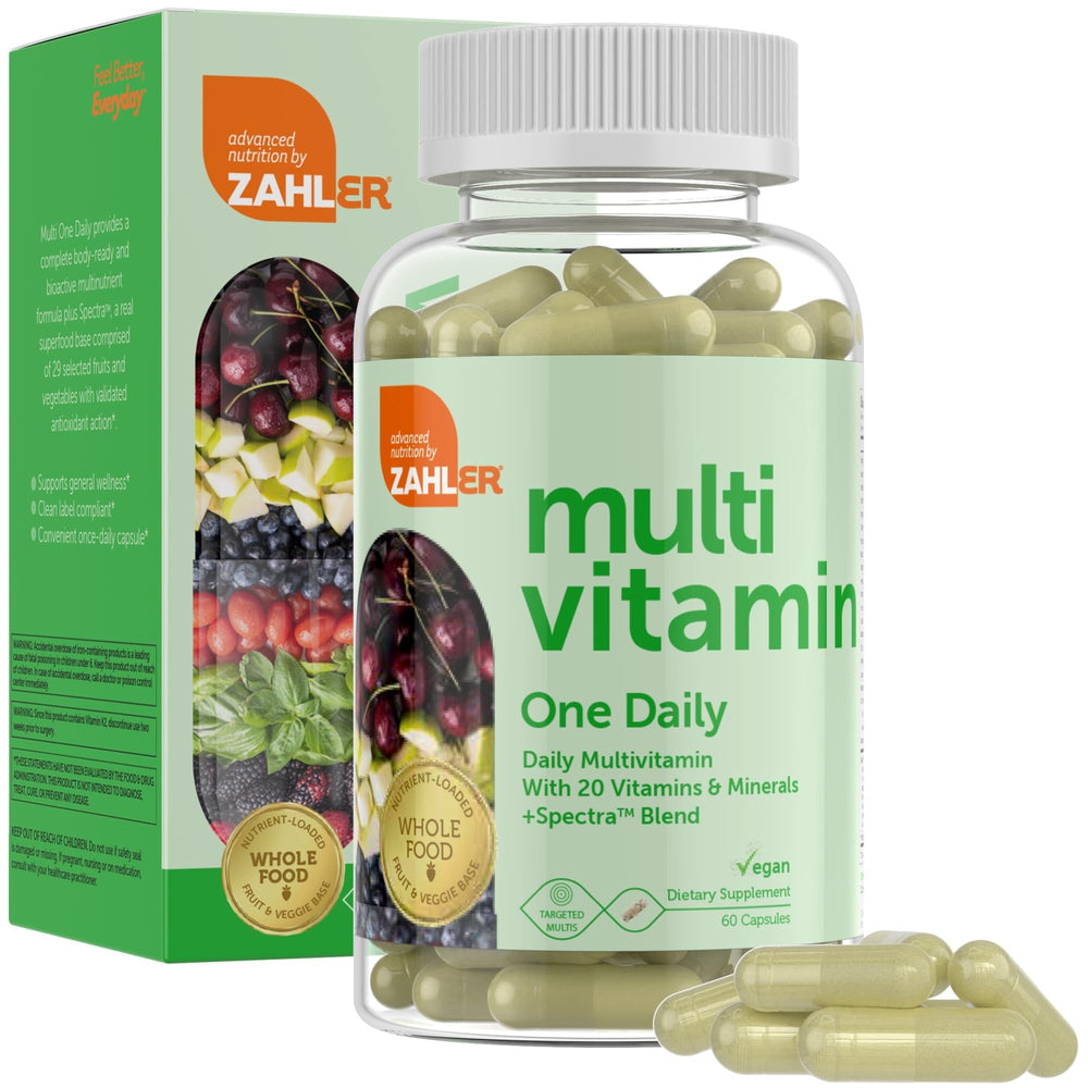 Zahler One Daily Multivitamin bottle showing vegan formula for daily wellness.
