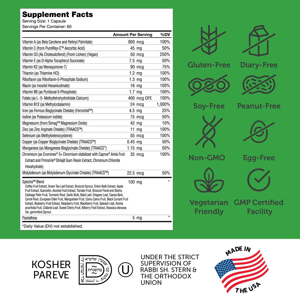 Zahler One Daily Multivitamin label highlights Spectra blend for balanced nutrition.