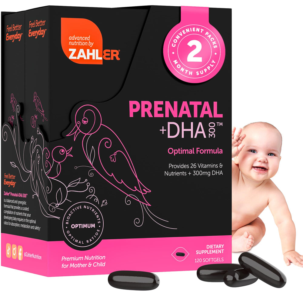Zahler Prenatal vitamin bottle with softgels for easy swallowing.