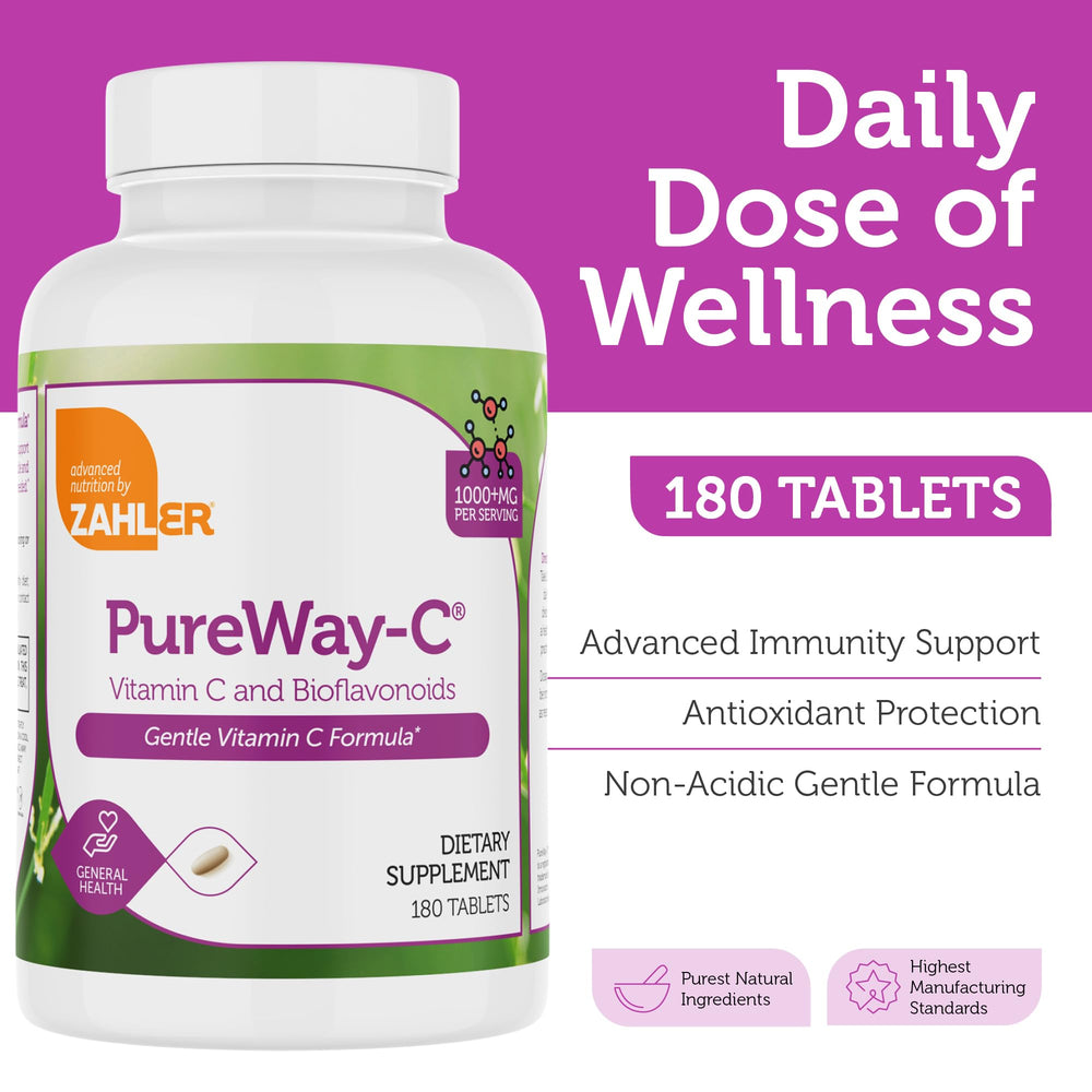 Close-up of Zahler PureWay-C 1000mg tablet with non-acidic, gentle formula.