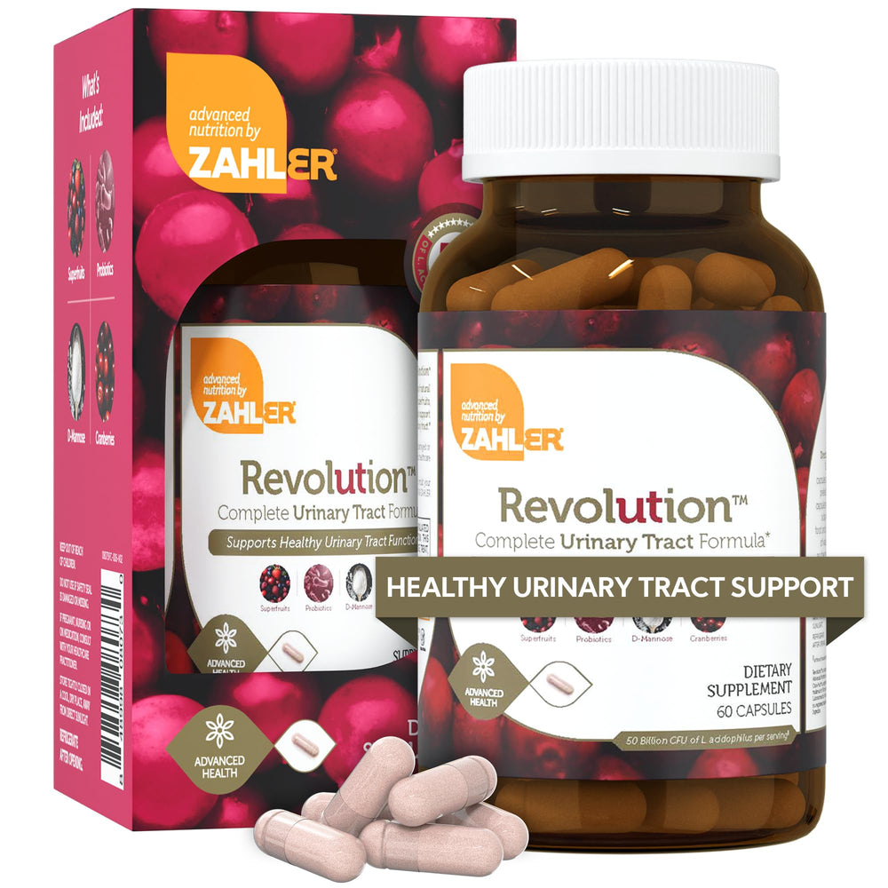 Zahler Revolution bottle and capsules for daily urinary tract support and balanced microbiome.