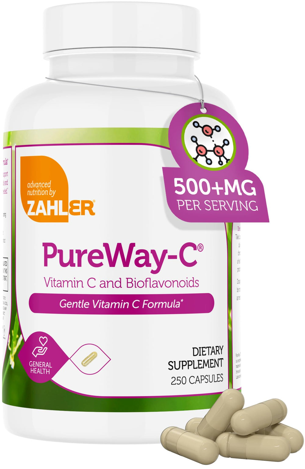 Zahler Vitamin C 500mg bottle cap shows easy dosing and gentle digestion.