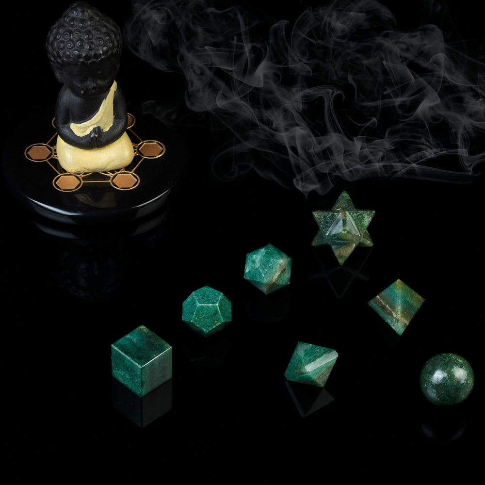 ZAICUS Green Mica platonic solids cube close-up for chakra balancing.