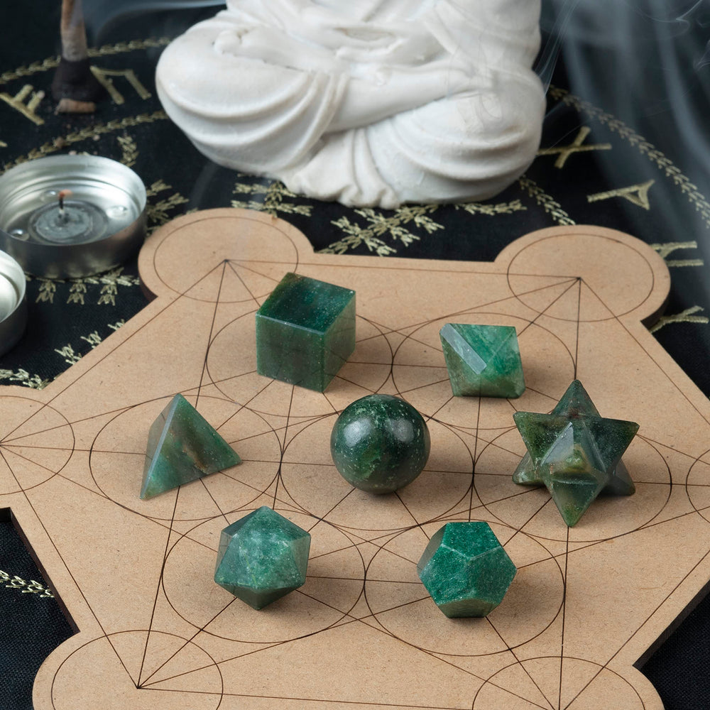 ZAICUS Green Mica platonic solids tetrahedron close-up for meditation.