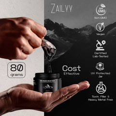 Shilajit resin dissolving in water with ZAILYY branding for easy use.