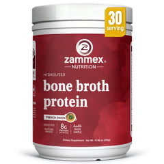 Zammex beef bone broth powder in a bag highlights grass-fed quality for keto meals.