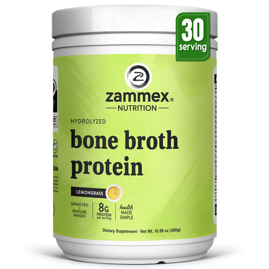 Zammex Beef Bone Broth Protein Powder lemongrass bottle highlights keto-friendly protein source