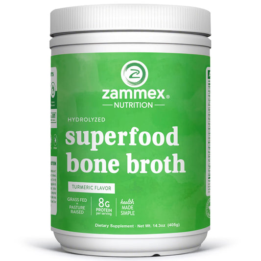 Zammex Bone Broth Plus Turmeric powder bottle for a savory daily broth supporting digestion