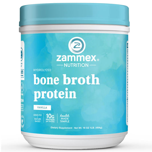 Zammex bone broth protein powder vanilla bottle for daily shakes.