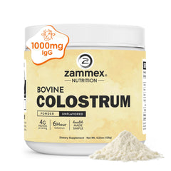 Zammex Bovine Colostrum Powder bottle showing grass-fed purity for daily immune and gut support.