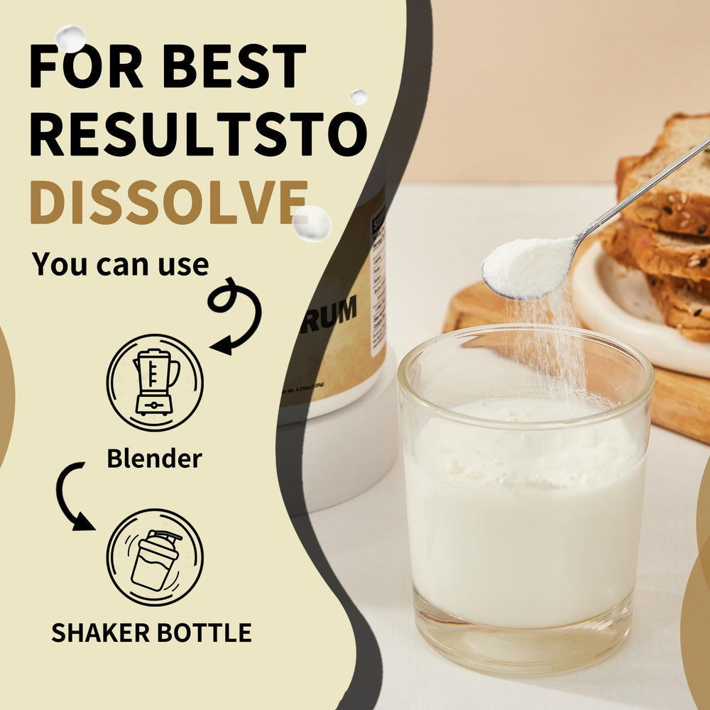 Zammex Colostrum Powder glass ready to mix with water or smoothies for convenience.