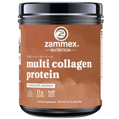 Zammex Multi Collagen Powder chocolate tub front showing packaging for skin and hair support.