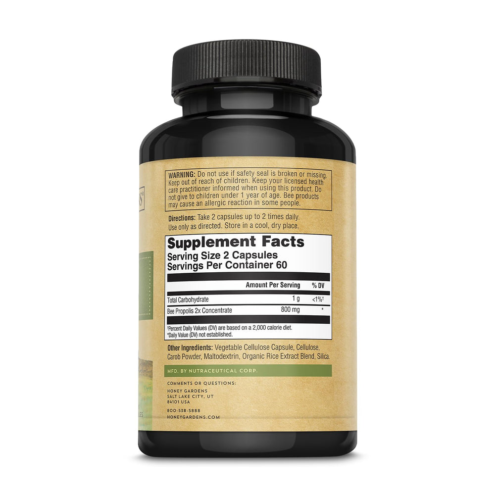 ZAND Honey Gardens Bee Propolis bottle highlights 650 mg capsules for daily use.